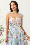 Cute A Line Spaghetti Straps Blue Tea Length Prom Dress with 3D Flowers