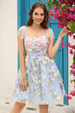 Blue Corset A-Line Short Graduation Dress with 3D Flowers