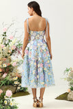 Cute A Line Spaghetti Straps Blue Tea Length Prom Dress with 3D Flowers