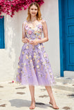 Purple A Line Tea Length Prom Dress with 3D Flowers