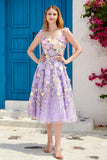 Purple A Line Tea Length Prom Dress with 3D Flowers