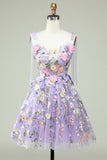 A Line Spaghetti Straps Purple Corset Graduation Dress with 3D Flowers