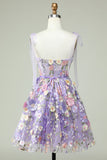 A Line Spaghetti Straps Purple Corset Graduation Dress with 3D Flowers