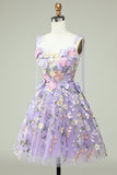 A Line Spaghetti Straps Purple Corset Graduation Dress with 3D Flowers