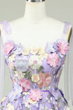 A Line Spaghetti Straps Purple Corset Graduation Dress with 3D Flowers