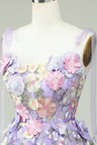 A Line Spaghetti Straps Purple Corset Graduation Dress with 3D Flowers