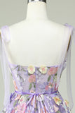 A Line Spaghetti Straps Purple Corset Graduation Dress with 3D Flowers