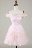 Cute A Line Off the Shoulder Pink Short Graduation Dress with Flowers