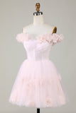 Cute A Line Off the Shoulder Pink Short Graduation Dress with Flowers