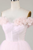 Cute A Line Off the Shoulder Pink Short Graduation Dress with Flowers