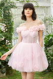 Pink Off the Shoulder Corset Graduation Dress With Flowers