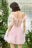 Pink Off the Shoulder Corset Graduation Dress With Flowers