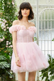 Pink Off the Shoulder Corset Graduation Dress With Flowers