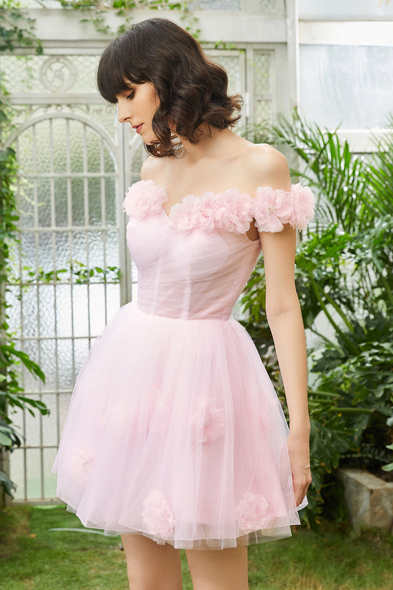 Load image into Gallery viewer, Pink Off the Shoulder Corset Graduation Dress With Flowers