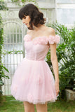 Pink Off the Shoulder Corset Graduation Dress With Flowers