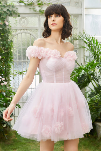 Pink Off the Shoulder Corset Graduation Dress With Flowers