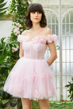 Pink Off the Shoulder Corset Graduation Dress With Flowers