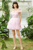 Pink Off the Shoulder Corset Graduation Dress With Flowers