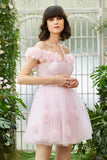 Pink Off the Shoulder Corset Graduation Dress With Flowers