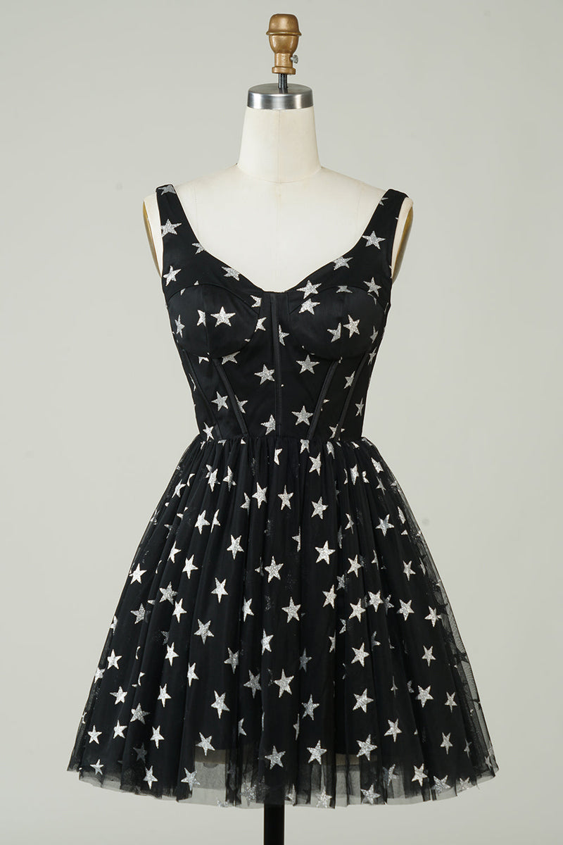Load image into Gallery viewer, Cute A Line V Neck Black Tulle Short Homecoming Dress with Stars