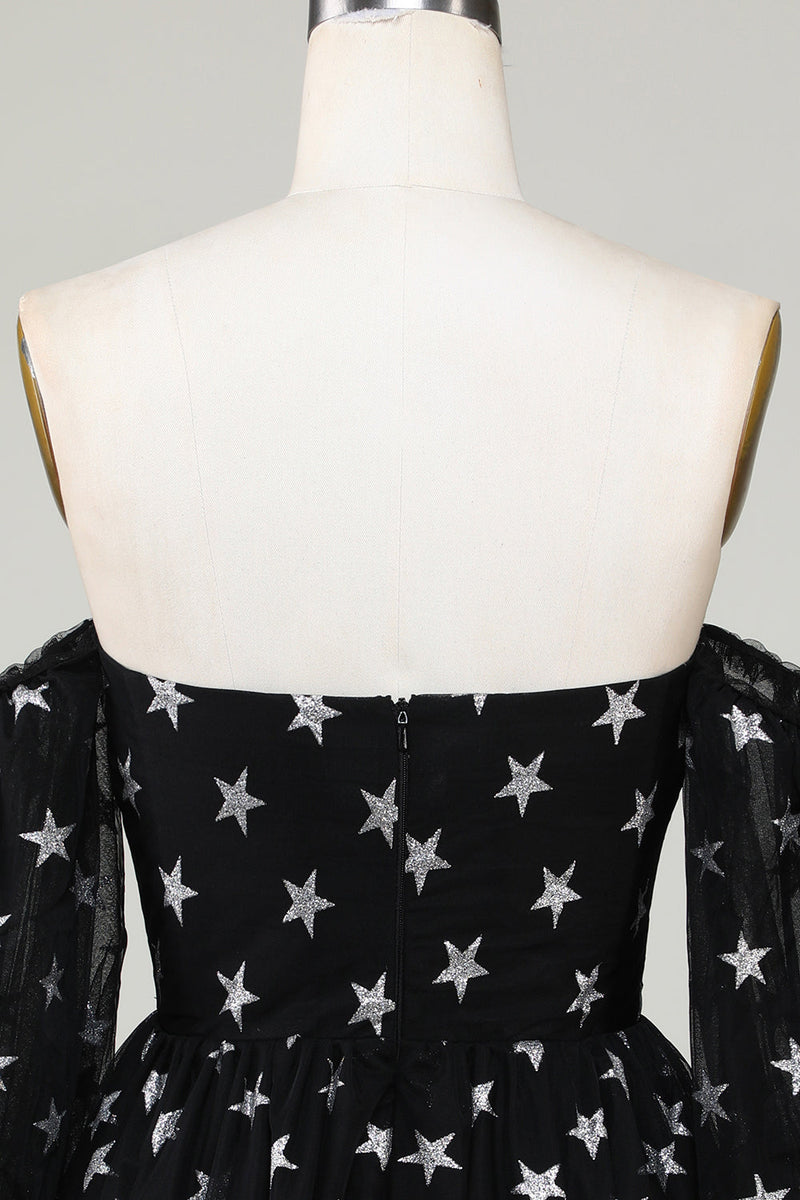 Load image into Gallery viewer, A Line Off the Shoulder Black Stars Short Graduation Dress