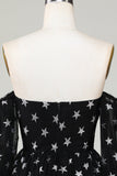 A Line Off the Shoulder Black Stars Short Graduation Dress