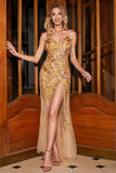 Stunning Mermaid Spaghetti Straps Golden Long Prom Dress with Split Front