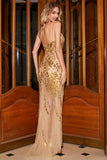 Stunning Mermaid Spaghetti Straps Golden Long Prom Dress with Split Front