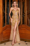 Stunning Mermaid Spaghetti Straps Golden Long Prom Dress with Split Front