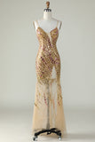 Bling Mermaid Spaghetti Straps Golden Sequins Long Prom Dress with Split Front