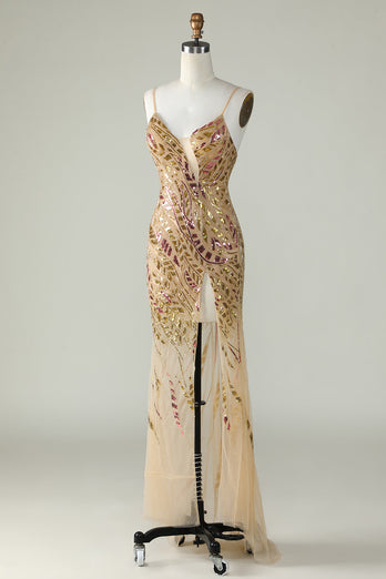 Bling Mermaid Spaghetti Straps Golden Sequins Long Prom Dress with Split Front