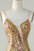 Load image into Gallery viewer, Bling Mermaid Spaghetti Straps Golden Sequins Long Prom Dress with Split Front