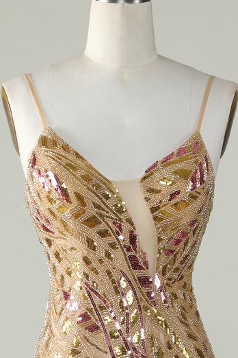 Bling Mermaid Spaghetti Straps Golden Sequins Long Prom Dress with Split Front