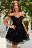 Cute A Line Black Corset Tiered Short Graduation Dress with Lace