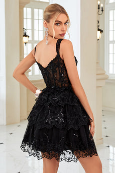 Cute A Line Black Corset Tiered Short Graduation Dress with Lace