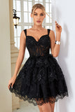 Cute A Line Dark Blue Corset Tiered Short Graduation Dress with Lace