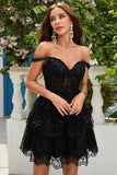 Cute A Line Black Corset Tiered Short Graduation Dress with Lace