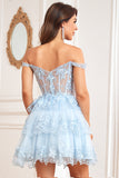 Cute A Line Dark Blue Corset Tiered Short Graduation Dress with Lace