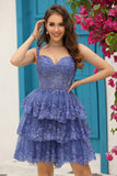 Princess A Line Purple Corset Tiered Short Graduation Dress with Lace