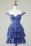 Cute A Line Dark Blue Corset Tiered Short Graduation Dress with Lace