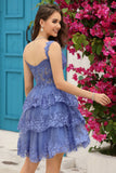 Sparkly Dark Blue Corset Tiered Short Graduation Dress with Lace