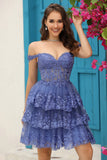 Princess A Line Purple Corset Tiered Short Graduation Dress with Lace