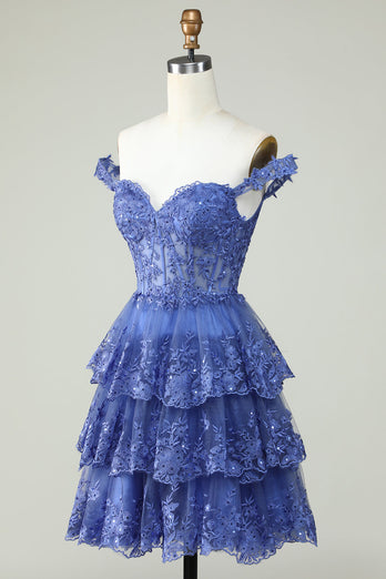 Cute A Line Dark Blue Corset Tiered Short Graduation Dress with Lace