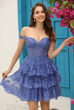 Sparkly Dark Blue Corset Tiered Short Graduation Dress with Lace