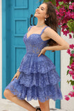 Sparkly Dark Blue Corset Tiered Short Graduation Dress with Lace