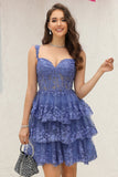 Sparkly Dark Blue Corset Tiered Short Graduation Dress with Lace