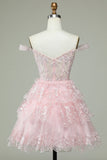 Cute A Line Off the Shoulder Pink Corset Graduation Dress with Lace