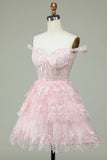 Cute A Line Off the Shoulder Pink Corset Graduation Dress with Lace