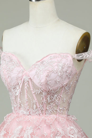 Cute A Line Off the Shoulder Pink Corset Graduation Dress with Lace