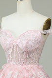 Cute A Line Off the Shoulder Pink Corset Graduation Dress with Lace